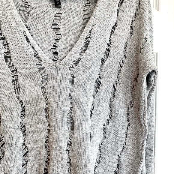 Light Grey Open-Knit V-Neck Lightweight Hooded Pullover Sweater - Picture 2 of 5